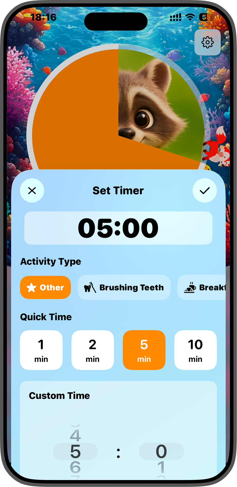 Tokimo timer settings with cute fox animation